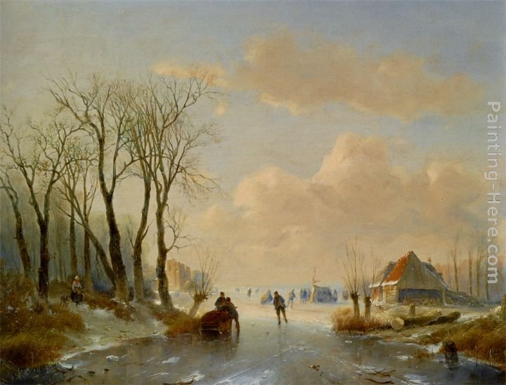 Andreas Schelfhout Skaters on the ice with a Koek En Zopie in the distance